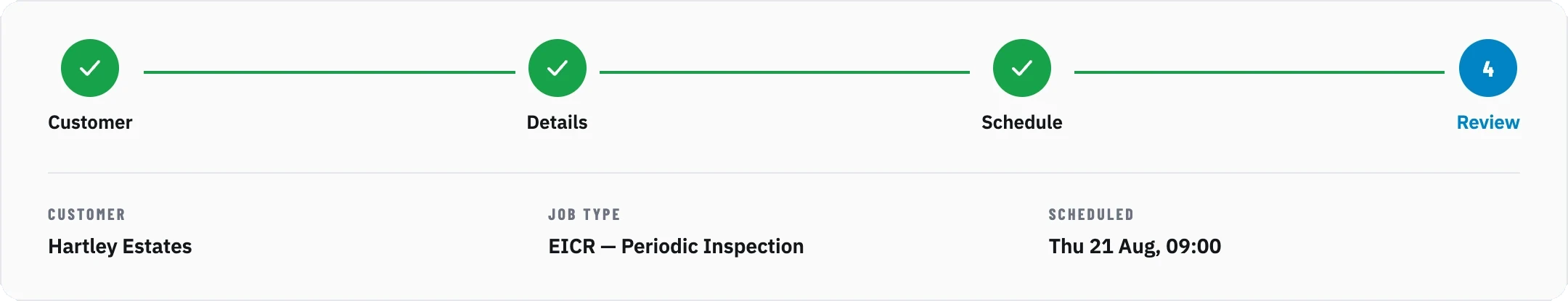 Three-step job creation wizard: Customer & Site, Job Details, Schedule — with customer, job type, and scheduled time filled in