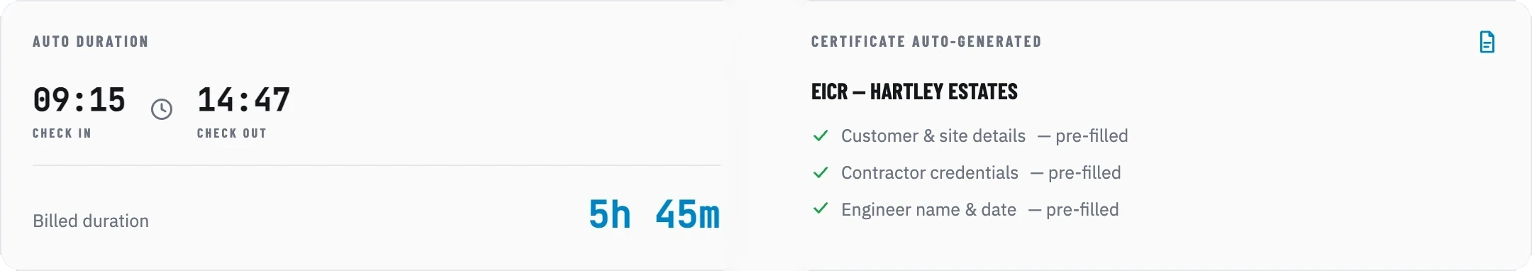 Auto duration card showing check-in and check-out times next to an auto-generated EICR certificate with pre-filled fields