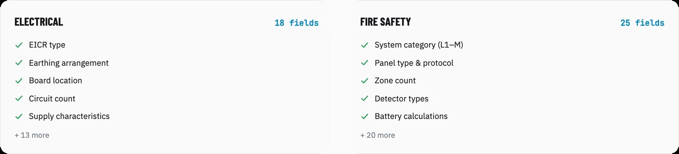 Electrical job form next to a Fire Safety job form, each showing its own trade-specific fields
