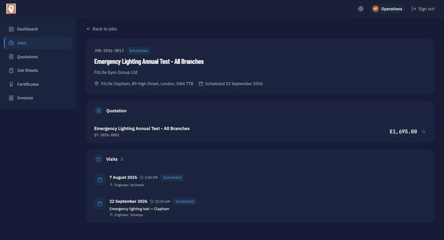 A job page in the customer portal linking its quotation and visits