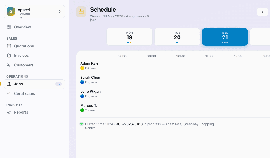 Opscel schedule — engineer week view with job blocks