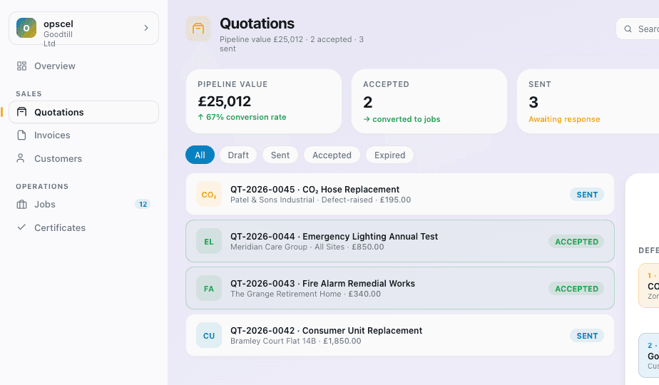 Opscel quotations — defect to invoice flow