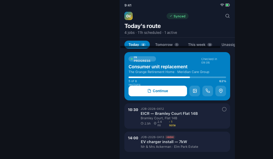 Opscel field app — Today's route, dark theme